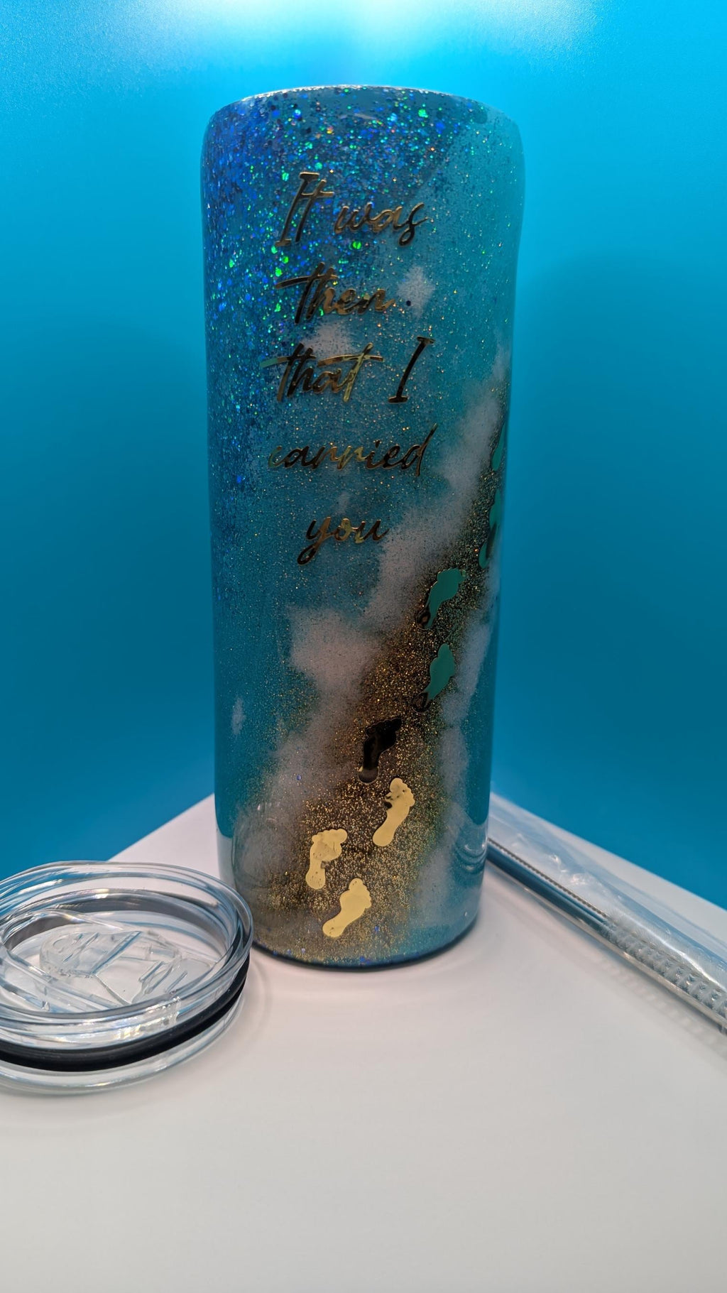 Ocean Beach Footprints Tumbler: Inspirational Quote, Epoxy Resin Coated