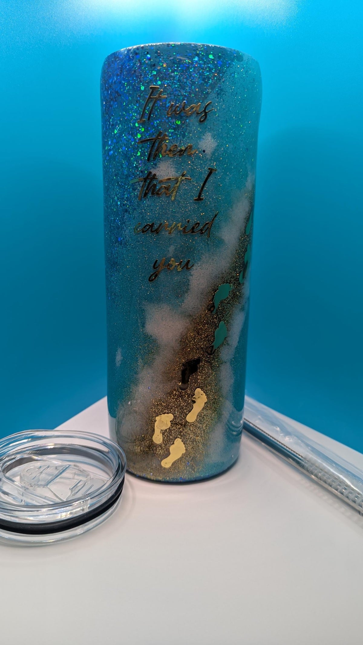 Ocean Beach Footprints Tumbler: Inspirational Quote, Epoxy Resin Coated